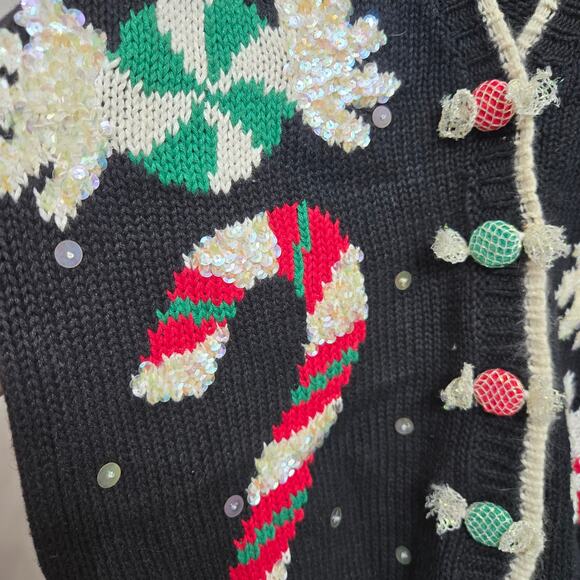 Belle Pointe Womens Vtg 90s Christmas Holiday Candy Sequins Cardigan Sweater L - Picture 6 of 11